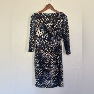 Lauren Ralph Lauren Navy and Cream Geometric Wrap-Style Dress